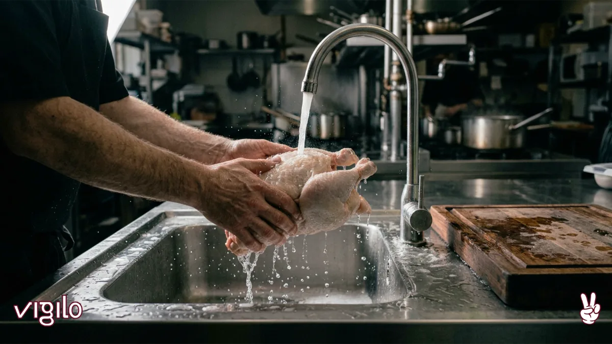 Cozinheiro segurando frango cru sobre a pia de inox, com respingos de água na bancada ao redor