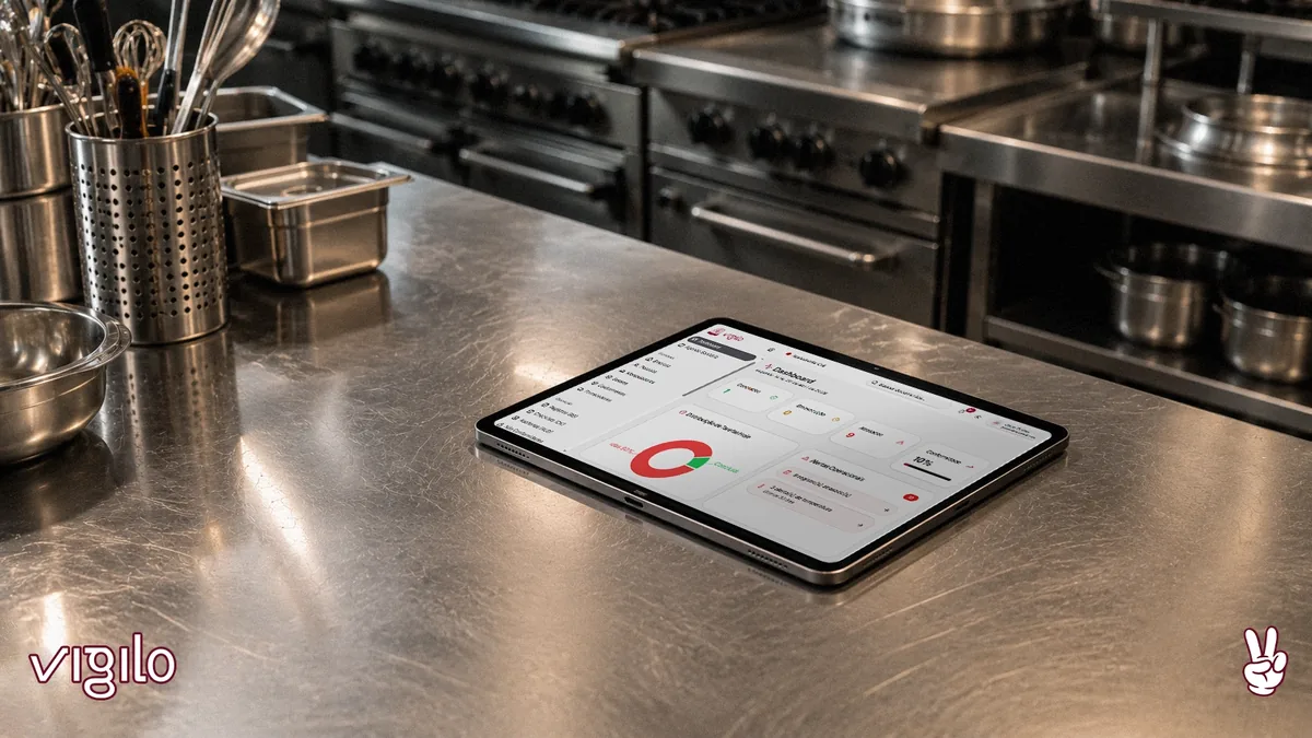 Profissional de cozinha conferindo checklist de boas práticas em tablet