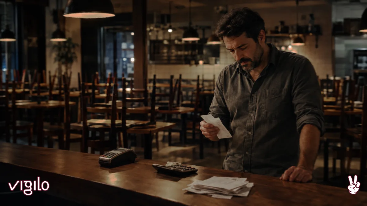 Dono de restaurante conferindo o caixa no balcão no fim do expediente, com a casa vazia ao fundo