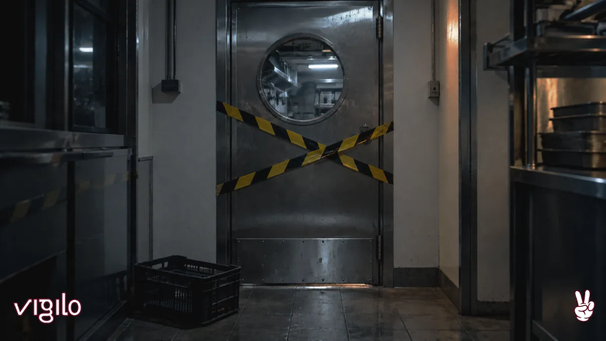 Porta de cozinha comercial fechada com fita de interdição da vigilância sanitária